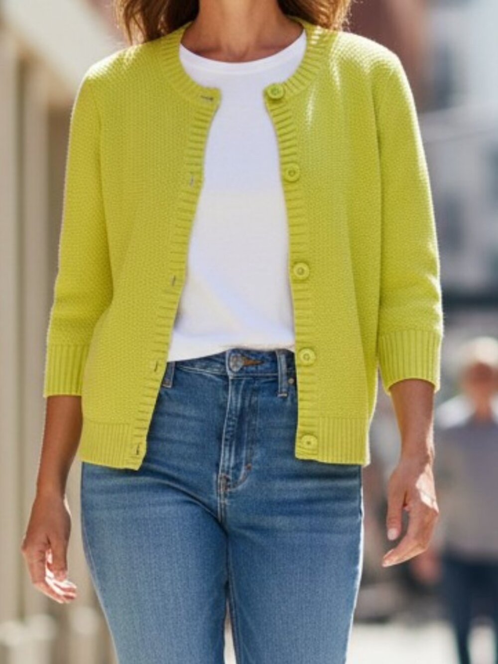 LL BEAN Yellow Cardigan 100% Cotton Knit 3/4 Sleeve Sweater